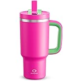32 oz Tumbler with Handle and Straw: Stainless Steel Insulated Tumbler Keeps Cold for 24 Hours, Leakproof Travel Cup Fits in Cup Holder and BPA-Free,Knockout Pink
