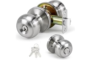 LOQRON Keyed Entry Door Knob for Entrance, Front Doorknob with Lock and Key for Exterior & Interior Right and Left Side Bedroom, Living Room, Satin Nickel,1 Pack