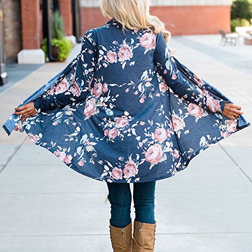 Hanican Women Ladies Long Sleeve Coat Floral Jacket Open Front Kimono Outerwear Elegant Cardigan (Blue, L)