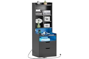 ADORNEVE Tall Night Stand with Charging Station and LED Lights,Nightstand with Bookshelf,Bedside Table with Drawers & Power Outlets,End Side Table for Bedrooms (Black)