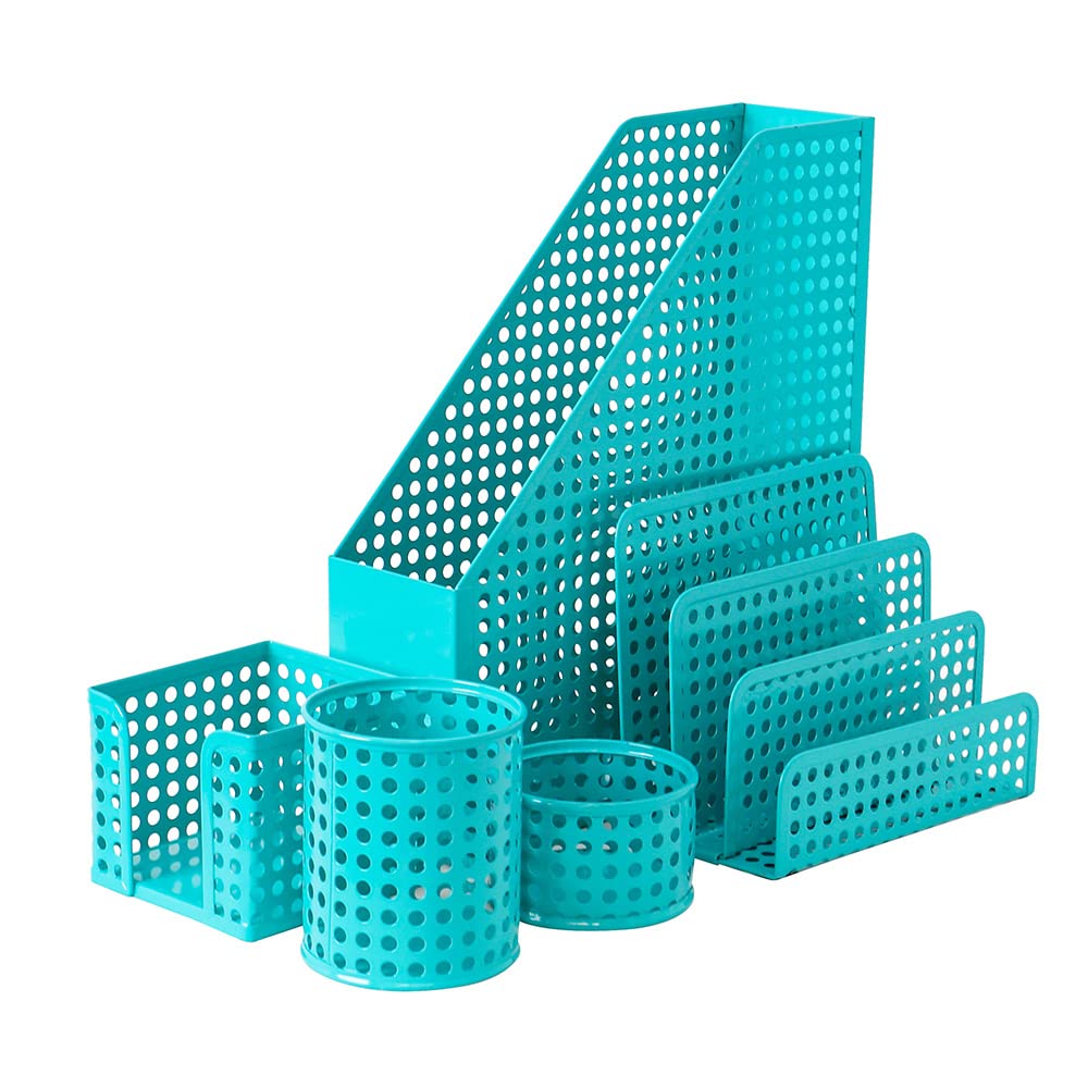 Office Desk Organiser with 5 Piece Set - A4 3Tier Filing, Pen, Memo, Letter Sorter & Post-it (Blue)