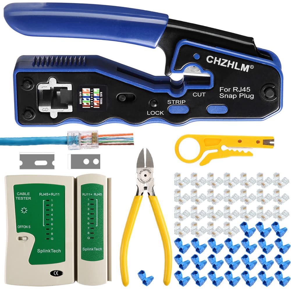CHZHLM RJ45 Crimp Tool Kit All in One Pass Through Crimper Stripper Cutter for Cat5e Cat6 Cat6a Pass Through Connector with 50Pcs Connectors 50Pcs Covers Mini Stripper Pliers Tester