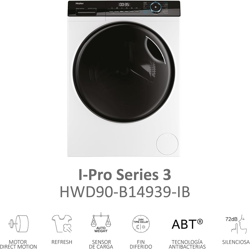 Haier i-pro series 3 hwd90-b14939-ib - máquina de lavar e secar, capacidade 9 kg + 6 kg, motor de movimento direto, abt, atualização, final atrasado, detector de kg, instalação gratuita, largura de 60 cm, 1400 rpm, branco