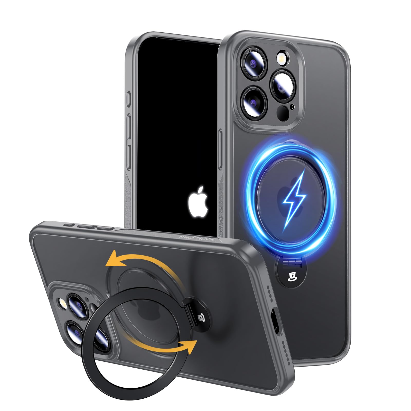 MAGIC JOHN for iPhone 16 Pro Case [Compatible with Magsafe] [with Magnetic Metal Stand][Military Grade Shockproof][Anti Yellowing],Translucent Matte Back with Soft Edge, Gray