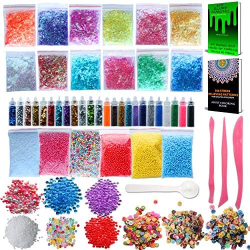 CozYours Slime Supplies Kit 68 Pack Include Foam Balls, Glitter, Fishbowl Beads,Rice Beads,Sugar Paper, Slices,Slime Tools,OPP Bags.Slime Making DIY Hacks and Adult Coloring Bundle E-Books Included!