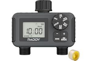 Raddy WS-5 Sprinkler Timer 2 Zone, Programmable Water Hose Timer 2 Outlet for Garden, Outdoor Automatic Irrigation System IP55 Waterproof with Rain Delay/Manual for Lawn, Yard, Pool