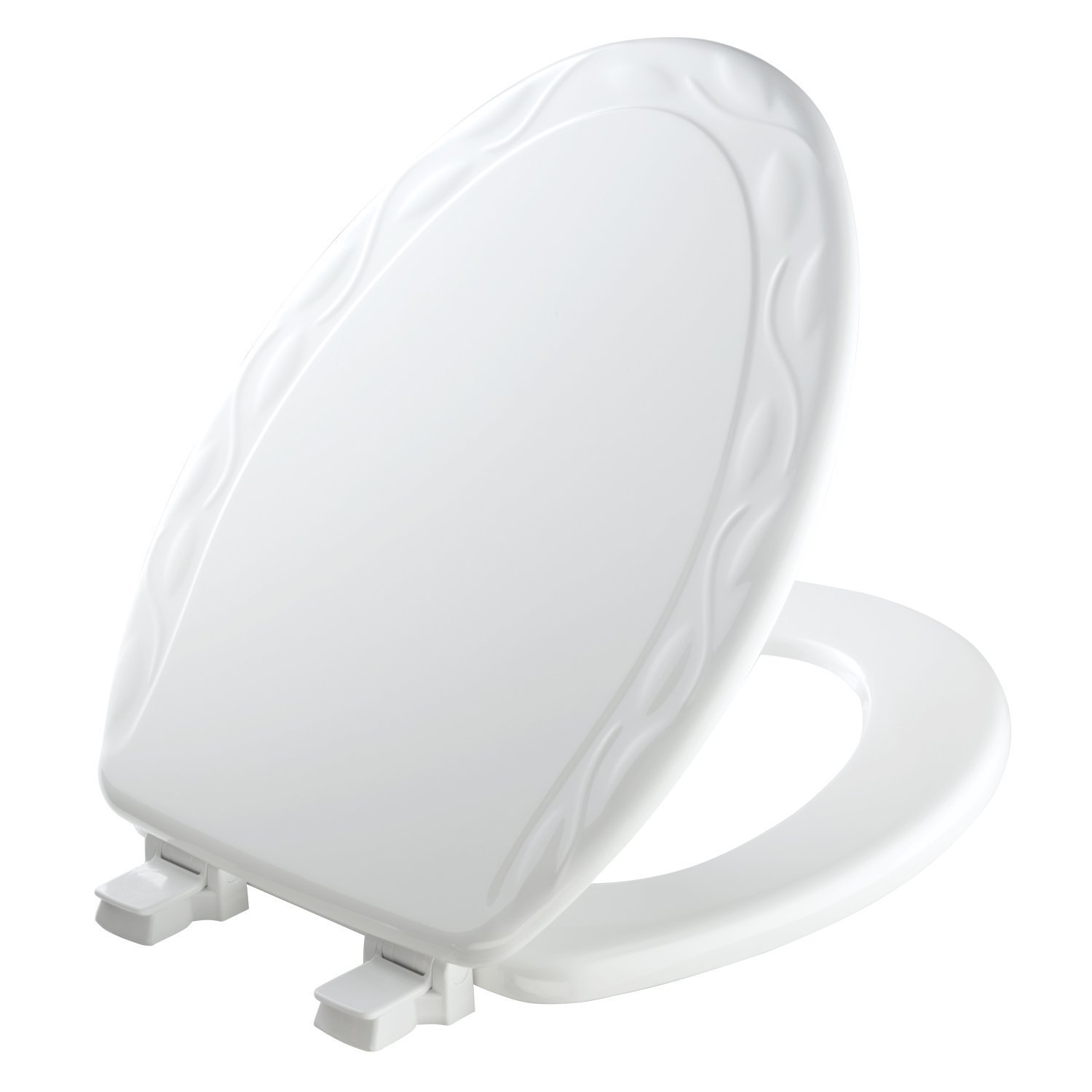 Mayfair Sculptured Ivy Toilet Seat, Easy Clean Hinges with Durable Wood Seat, Made in USA, Elongated, White
