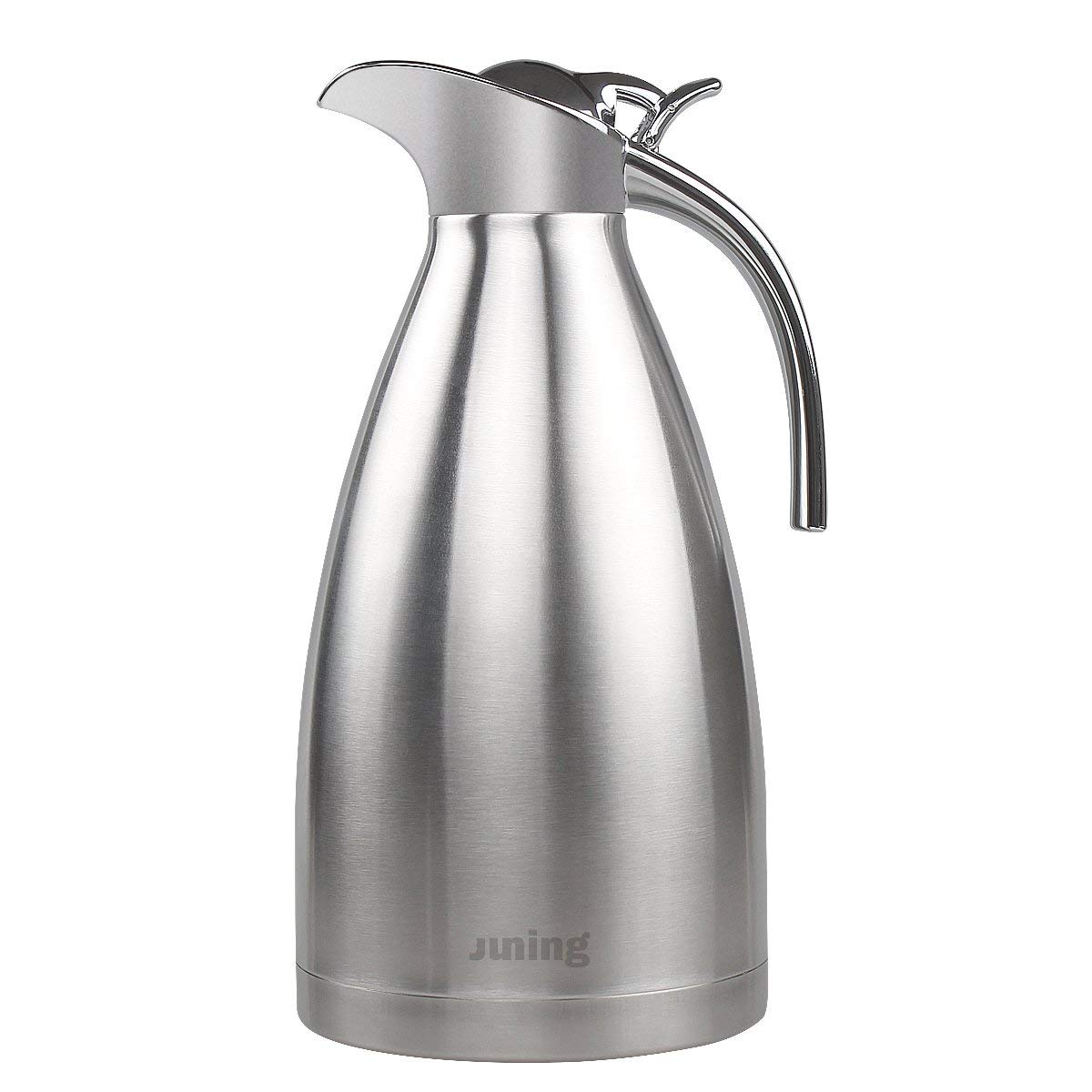 Pot de café - JUNING 2L Thermal Carafe Acier inoxydable à double paroi isolé Pile à thé / eau à grande capacité avec bouton de pression Argent