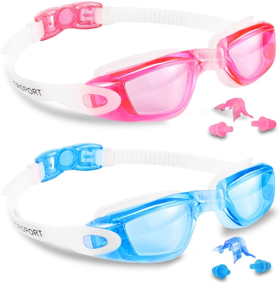 Kids Swim Goggles, 2 Pack Crystal Clear Swimming Goggles for Children and Teenagers, Anti-fog Anti-UV Youth Swimming Glasses, Leak proof, Free ear plugs, one button open straps, for 4-16 Y/O : Sports & Outdoors