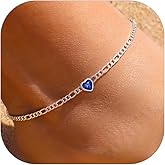 ChicSilver Sterling Silver Anklets Bracelets for Women, Figaro Chain Heart/Round Birthstone Anklet for Women Waterproof, Dainty Herringbone Ankle Bracelet Summer Beach jewelry