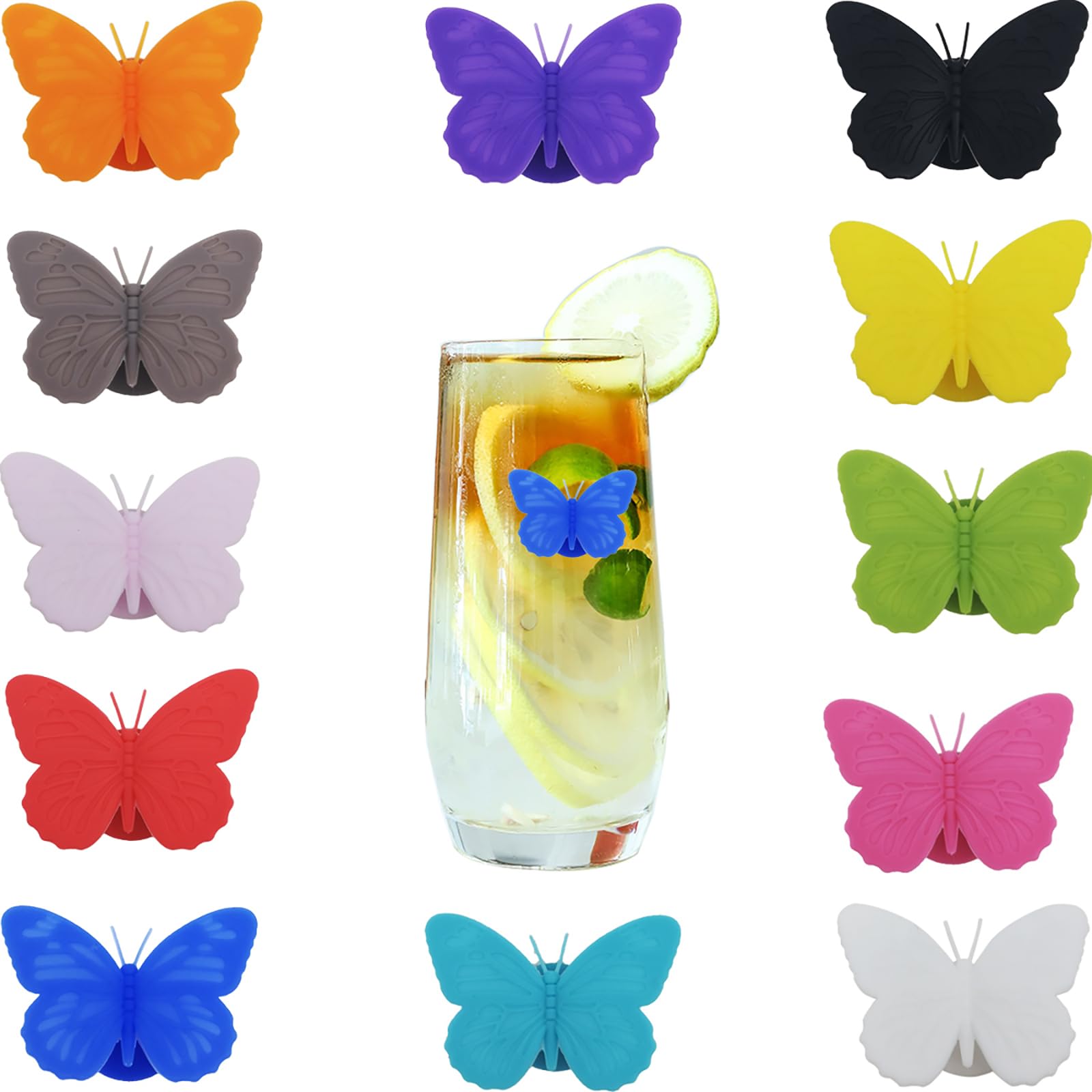 CTRICALVER Wine Glass Markers, 12 pcs Butterfly Shape Silicone Drinks Markers with Suction Cup for Drinks, Wine Glasses and Fun embellishment (12 color)