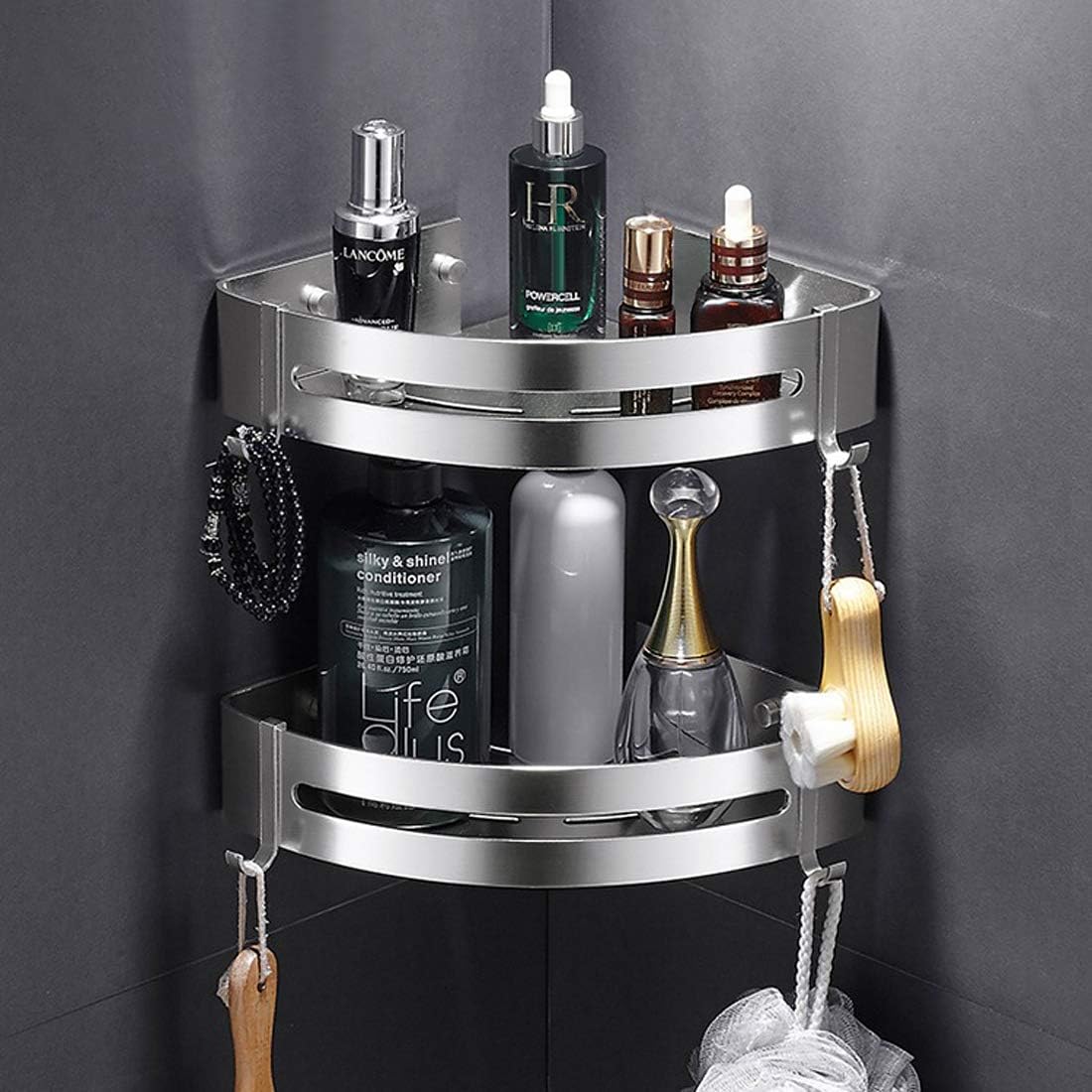 AK KYC Shower Corner Shelf Shower Caddy Wall Mounted Aluminum Bathroom Shelves-Strong Adhesive (No Drilling) in 2 Pack with 4 Removable Hooks Rustproof Aluminum Basket Organizer Hanging Storage-Silver: Home Improvement
