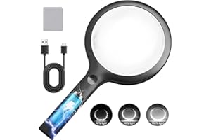 30X Charge Magnifier with Light, NUEYiO 4.33Inch Large Handheld Magnifying Glass with Light, 20 Daylight LEDs & Third Gear Dimming Lighted Magnifying Glass for Seniors Reading Inspection Coin Jewelry