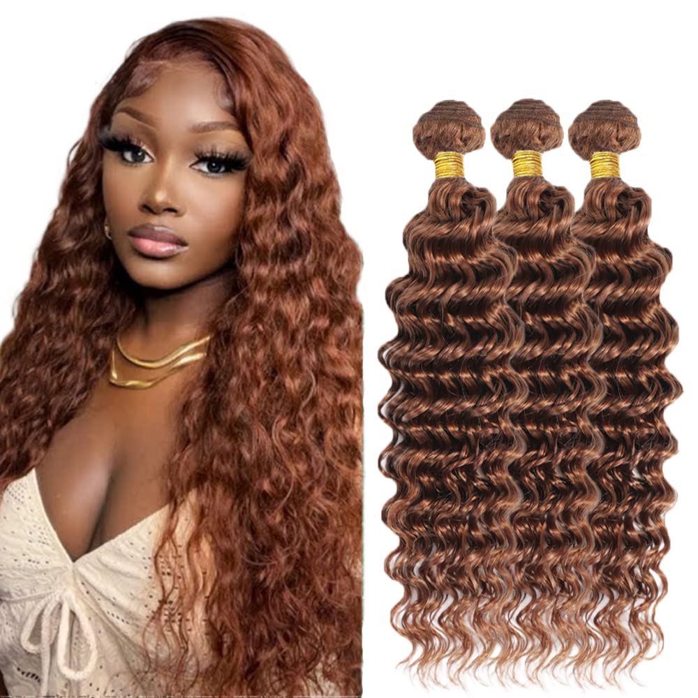 Photo 1 of #30 Brown Bundles Human Hair Deep Wave Bundles 16 18 20 Inch Brown Deep Wave Bundle Unprocessed Brazilian Virgin Weave Hair 3 Bundle 50 Gram Per Bundle