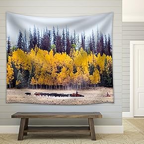 Cattle Drive by Two Cowboys in Colorado. - Fabric Wall Tapestry Home Decor - 51x60 inches