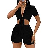 MSLG Women's Sexy 2 Piece Set Solid Summer Bodycon Suit Casual Tie Front Short Sleeve V Neck Crop Top Shorts Outfits Sets S42