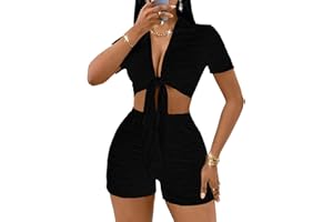 MSLG Women's Sexy 2 Piece Set Solid Summer Bodycon Suit Casual Tie Front Short Sleeve V Neck Crop Top Shorts Outfits Sets S42