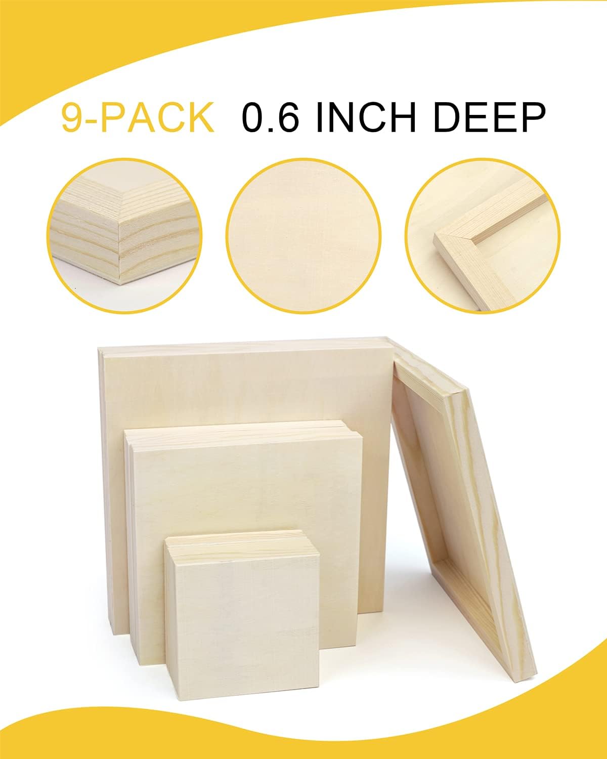 Pllieay 3 Sizes Wood Canvas Board, Unfinished Wood Cradled Painting Panel Boards for Pouring Art, Crafts, Painting and Encaustic Art, 4’’, 6’’, 8’’