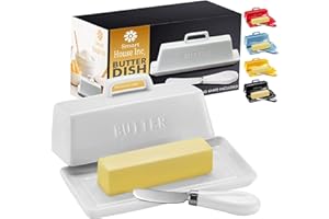 SMART HOUSE INC Ceramic Butter Dish Set with Lid and Knife - [White]- Decorative Butter Stick Holder with Handle for 1 Stick of Butter - Microwave Safe, Dishwasher Safe - Anti-Scratch Stickers Included