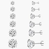 6-Pair Hypoallergenic Back Stud Earrings Set for Sensitive Ears, 316L Stainless Steel Cubic Zirconia Jewelry (3-8mm) with Secure Lock for–Unisex Gift for Women & Men, Travel