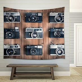Old Camera on The Wooden Table - Fabric Wall Tapestry Home Decor - 51x60 inches