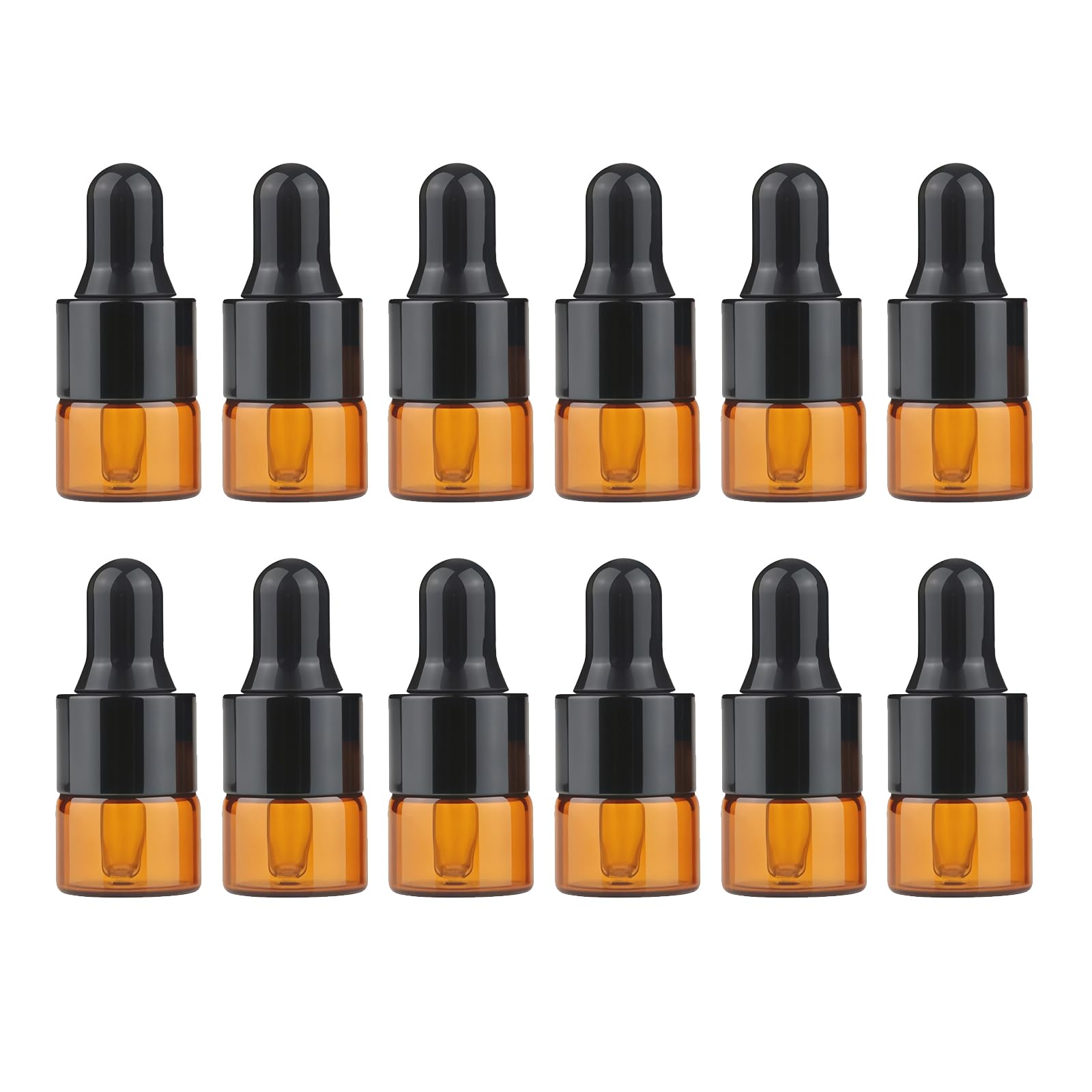VASANA 12PCS 1ML Empty Refill Mini Amber Glass Essential Oil Dropper Bottles Jars Packing Vials with Black Rubber Cap Cosmetic Perfume Sample Travel Liquid Storage Containders Makeup Beauty Tool