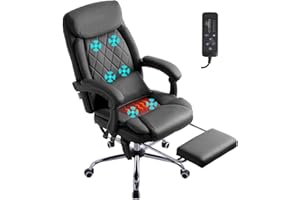 BOWTHY Executive Massage Office Chair with Heated,45°Reclining Ergonomic Office Chair with Footrest,High Back Computer Desk Chair with Wheels,Diamond-Stitched Cushion Leather Office Chair (Black)