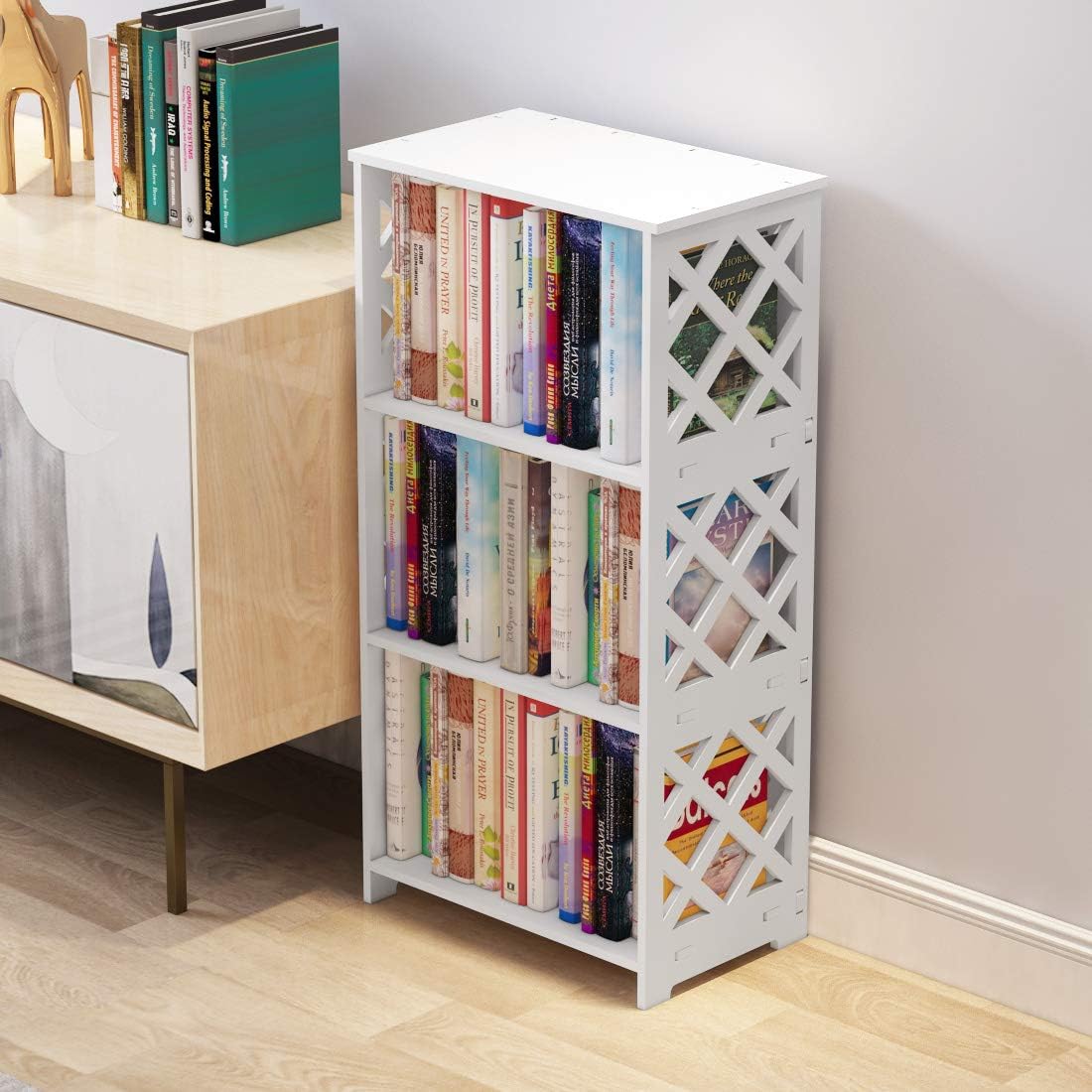 Rerii Bookcase, 3 Tier Kids Small Bookshelf, Book Organizer Storage Case Open Shelf Rack, Display Shelves for Bedroom Living Room Bathroom Office, White: Furniture & Decor