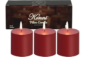 KONNI Dark Red Pillar Candles Set of 3, 3"x 3" Unscented Pillar Candles Bulk, 30 Hours Long Burning Candles, Smokeless&Dripless Large Round Candle for Wedding, Home Decoration, Parties, Spas, Dinner