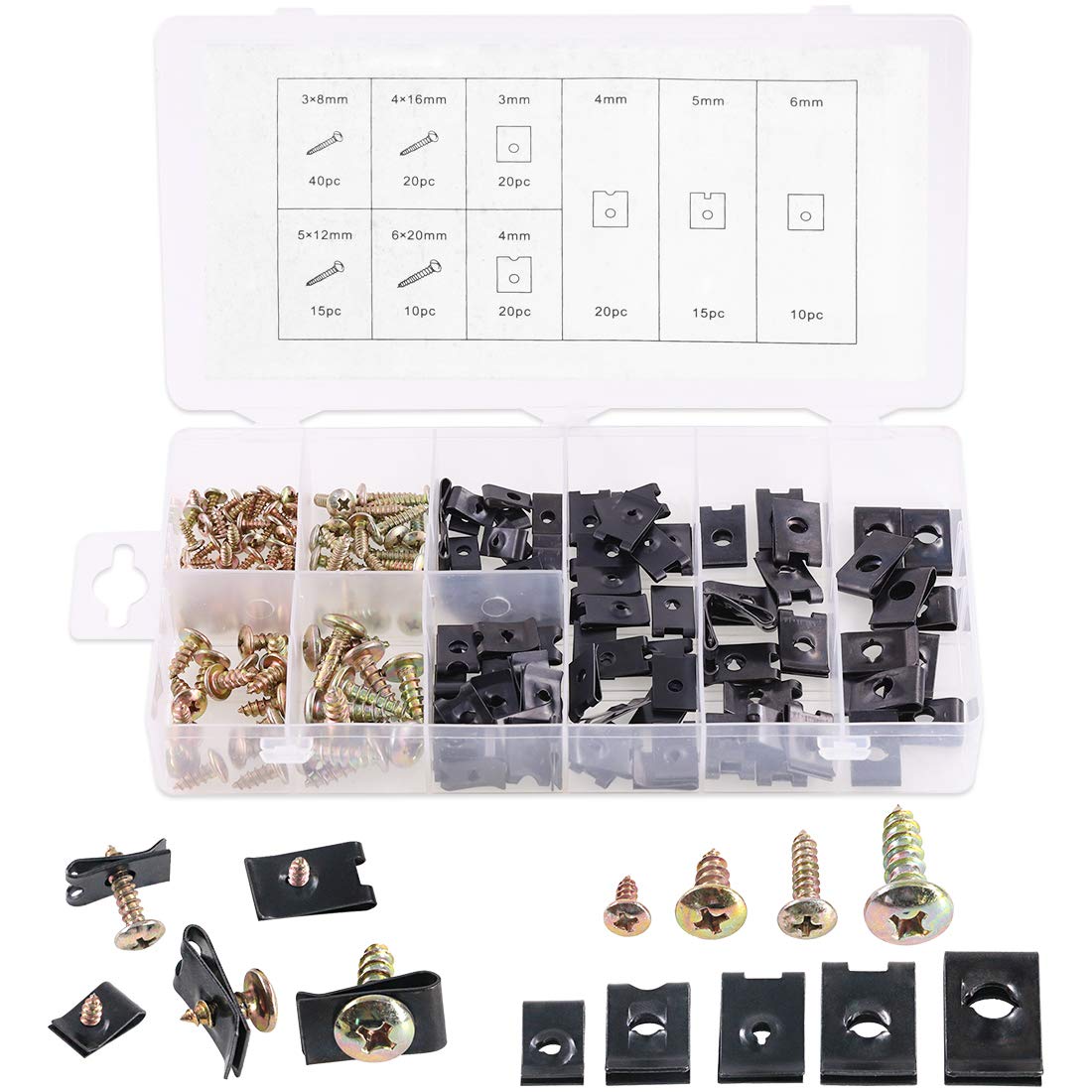 Glarks 170Pieces U-Clip and Screw Assortment, 5 Size U-Style Clip-On Nut with Mounting Screws Kit for Securing Wires and Cables