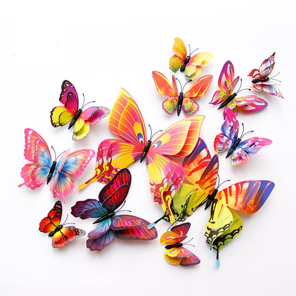 QGHSkOMk 12Pcs Mix color 3D butterfly wall decorations stickers Decor Wall Art Hanging Ornament Sculpture Garden Statues For Indoor Home Living Room Bedroom Outdoor backyard Porch(color)