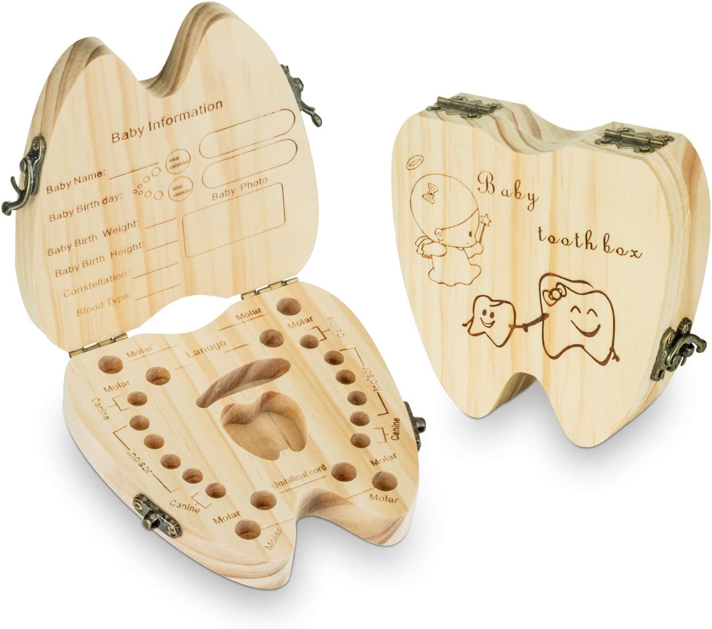 Baby Teeth Keepsake Box Tooth Fairy Holder Wooden First Lost Deciduous Tooth Collection Organizer Storage for Kids Memory (Girl)