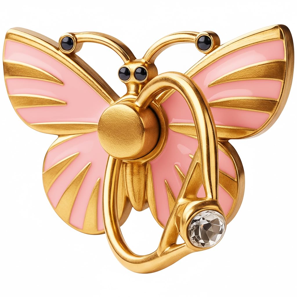 NXVX Butterfly Phone Ring Holder Finger Kickstand with Line Pattern, 360° Rotatable Grip, Strong Adhesive for iPhone & Smartphone Cases, Pink
