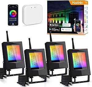 MustWin Smart Flood Light, 20W LED Flood Lights Bluetooth Mesh 4 Pack 16 Million Color Changing RGBCW, Work with Alexa Google Home, IP65 Waterproof Dimmable for Outdoor Landscape Stage (Hub Included)