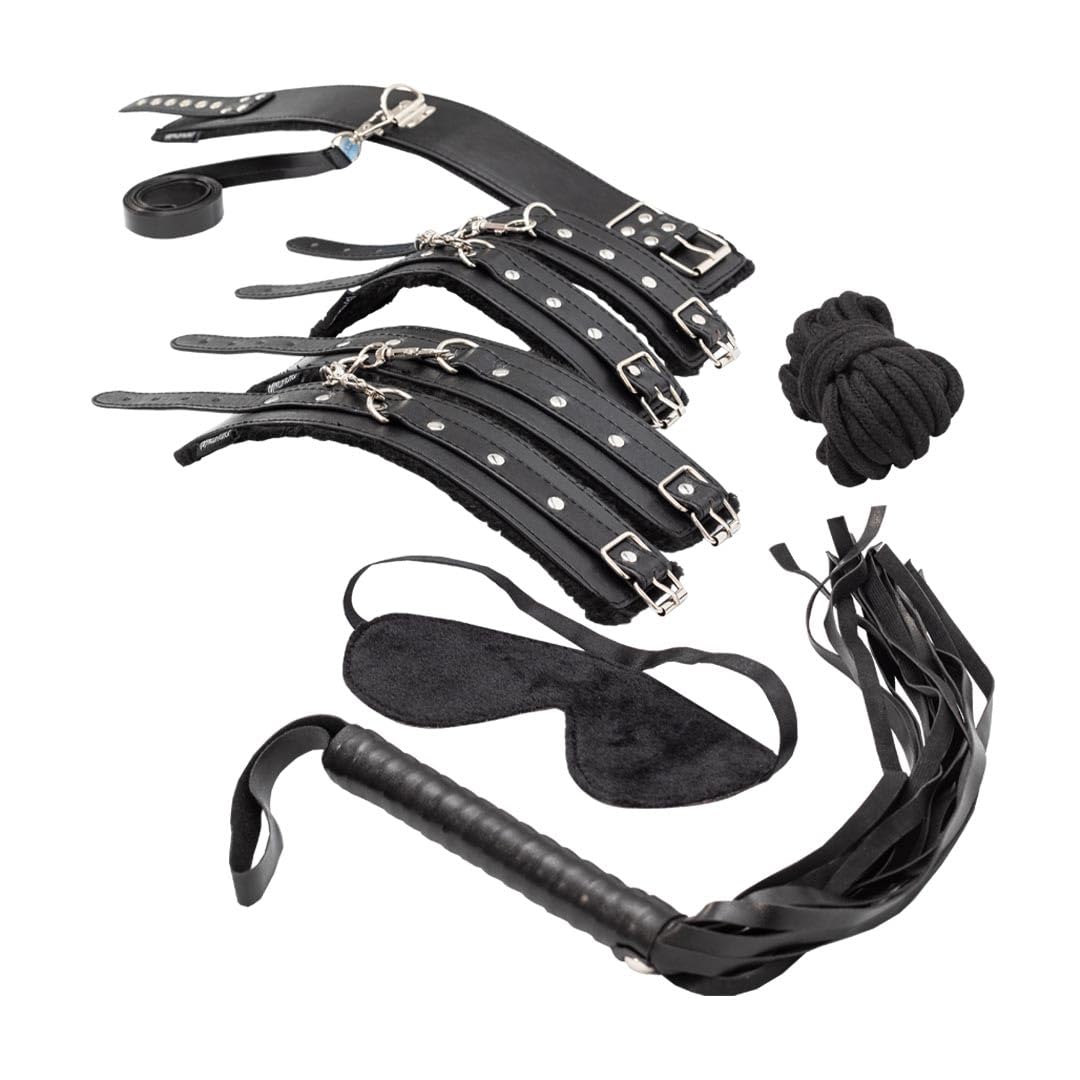 Kandid 9-Piece BDSM Bondage Set | Adjustable Leather Restraints Kit for Couples | Handcuffs, Ankle Cuffs, Collar, Leash, Bondage Rope, Blindfold, Flogger & Tickler | Beginner & Advanced Role Play