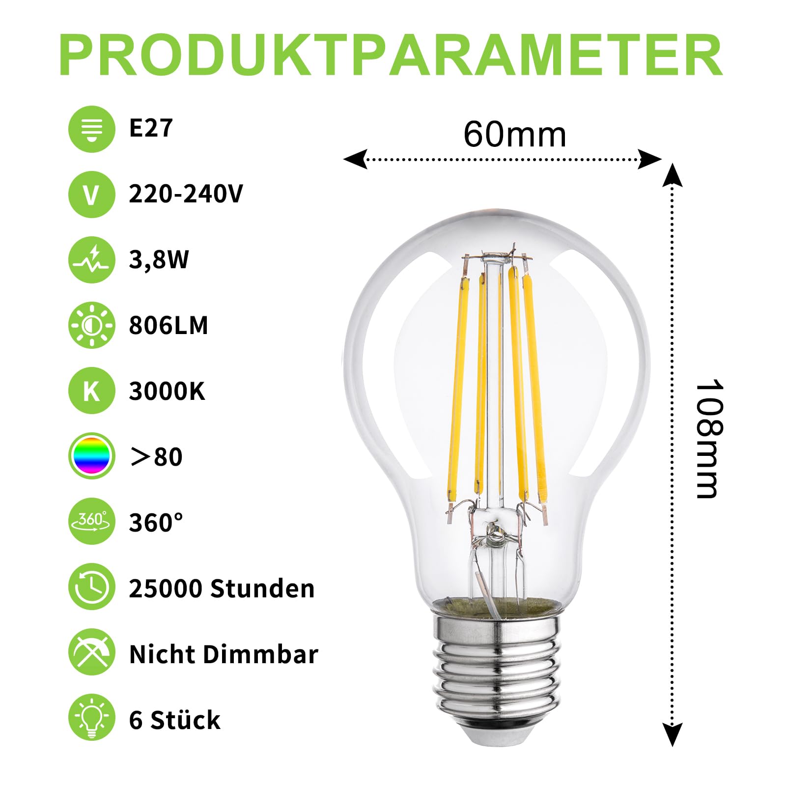 E27 LED Energieklasse A Glühbirne, 3.8W 806LM 3000K Warmweiß, 6 Stück 6