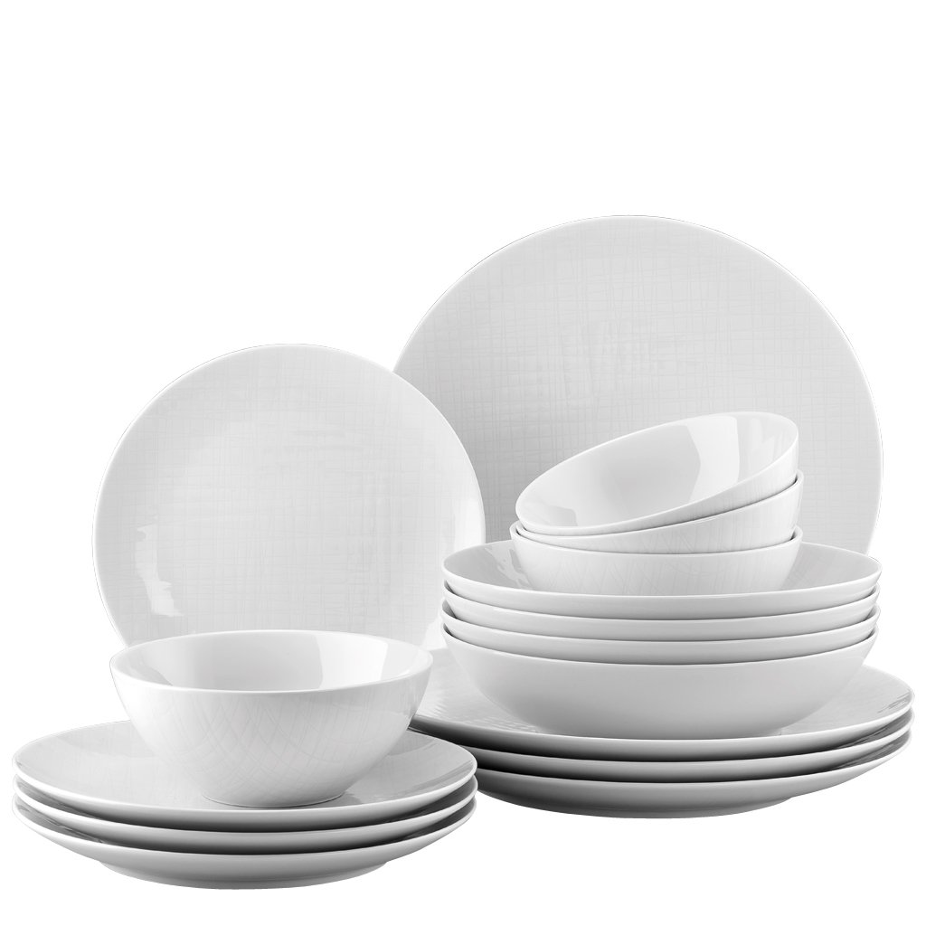 Rosenthal 11770-800001-28370 Mesh 16-Piece Set with 4 Plates (Deep 21, Flat 21 cm / 27 cm) Breakfast Bowls 14 cm White
