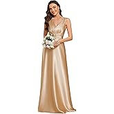 Ever-Pretty Women's Spring V Neck Floor Length Empire Waist Satin Bridesmaid Dresses Formal Prom Dress with Pockets 2326