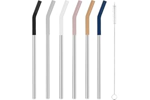Tronco Set of 6 Stainless Steel Reusable Metal Straws with Silicone Flex Tips Elbows Cover, Metal Drinking Straws for Tronco Tumbler, 6 Steel Straws,6 Silicone Tips,1 Straw Cleaning Brush