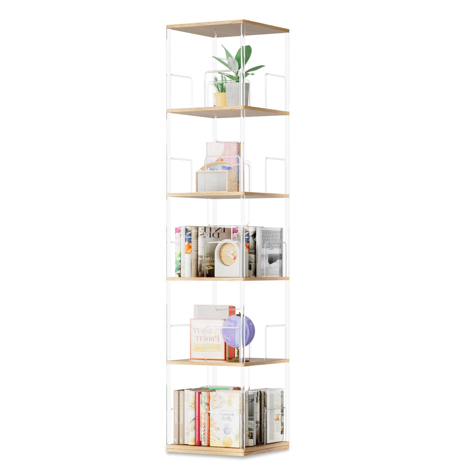Photo 1 of TAKEKIT 360° Rotating Bookshelf, 5-Tier Spinning Book Shelf Tower with Solid Wood & Clear Acrylic, Square Revolving Bookcase for Living Room, Bedroom and Office