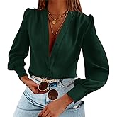 Women's Business Casual Tops Summer Long Sleeve Button Down Shirts V Neck Chiffon Blouses