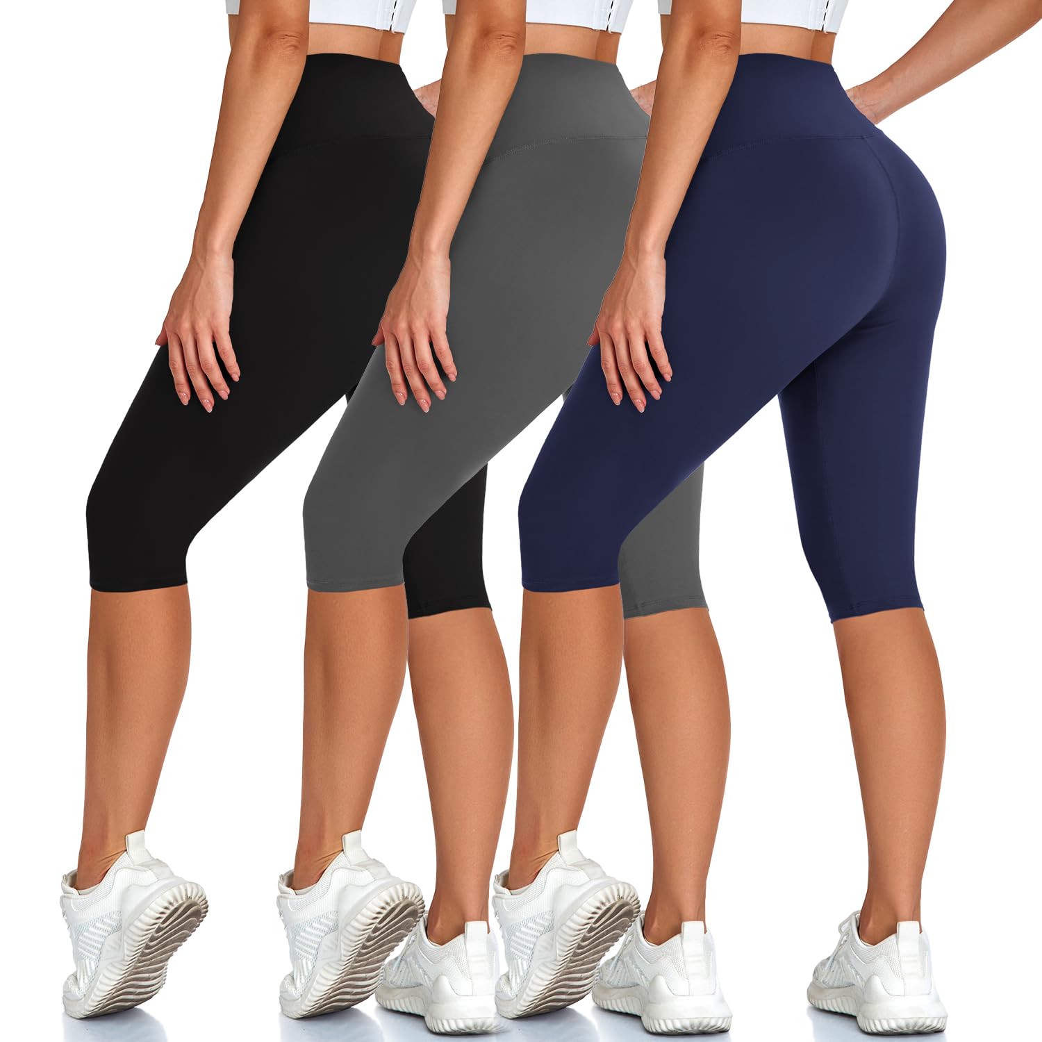 View 1 of ***MISSING PARTS***
Hi Clasmix High Waisted 3 Pack Women's Capri Pants - Knee Length Yoga Shorts, Biker Workout Leggings for Women,Summer Activewear Black/Grey/Navy