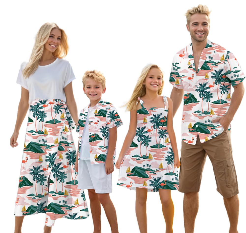 Photo 1 of Cromoncent Matching Hawaiian Outfits for Family, Dad and Son Matching Luau Beach Tropical Shirts Mommy Daughter Tropical Sets?Hawaiian Shirt?Flamingo White,3X-Large
