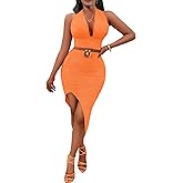 Women 2 Piece Outfits Dress Sexy Halter V Neck Crop Top and Bodycon Irregular Skirt Set Club Outwear Night Out Dresses