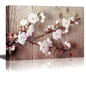 Canvas Prints Wall Art - A Branch with Cherry Blossom on Vintage Wood Background Rustic Home Decoration - 12" x 18"