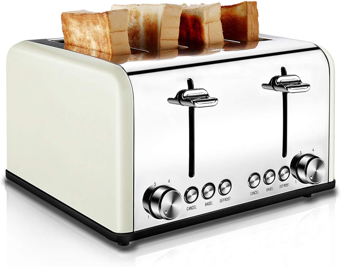Toaster 4 Slice, CUSIBOX Retro Stainless Steel Extra Wide Slots Toaster with Bagel, Defrost, Cancel Function, 6 Bread Shade Settings, 1650W, Cream