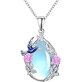 AIZANYU Moonstone Hummingbird Necklace Sterling Silver Hummingbird and Flower Teardrop Pendant Jewelry Gifts for Women