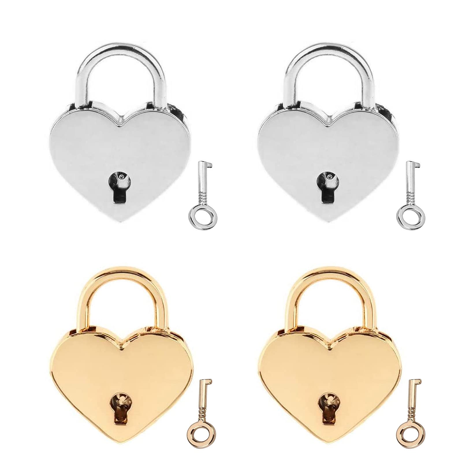 4 Pack Key Padlock,Mini Pad Lock Heart Shaped Metal Padlock Alloy Heart Lock with Keys for Luggage Diary Book Jewelry Box (Silver&Gold)