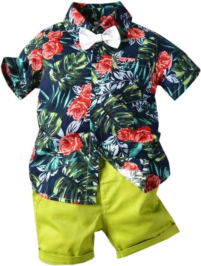 Toddler Baby Boy Short Sleeve Bow Tie Gentleman Floral Beach T Shirt Tops+Solid Shorts Summer Clothes Outfits