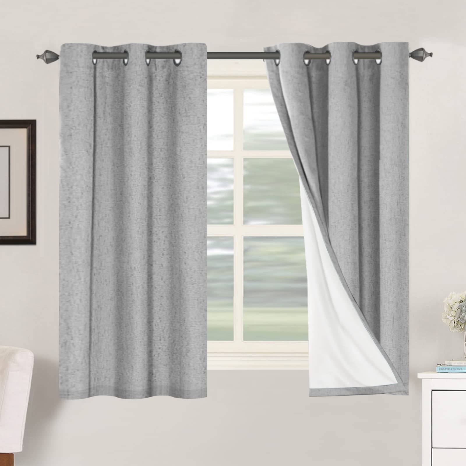 BellaHills 100% Blackout Curtains Faux Linen Eyelet Curtains for Bedroom Living Room Thermal Insulated Burlap Eyelet Curtain & Drapes 2 Panels, 46 x 54 Inch, Dove Grey